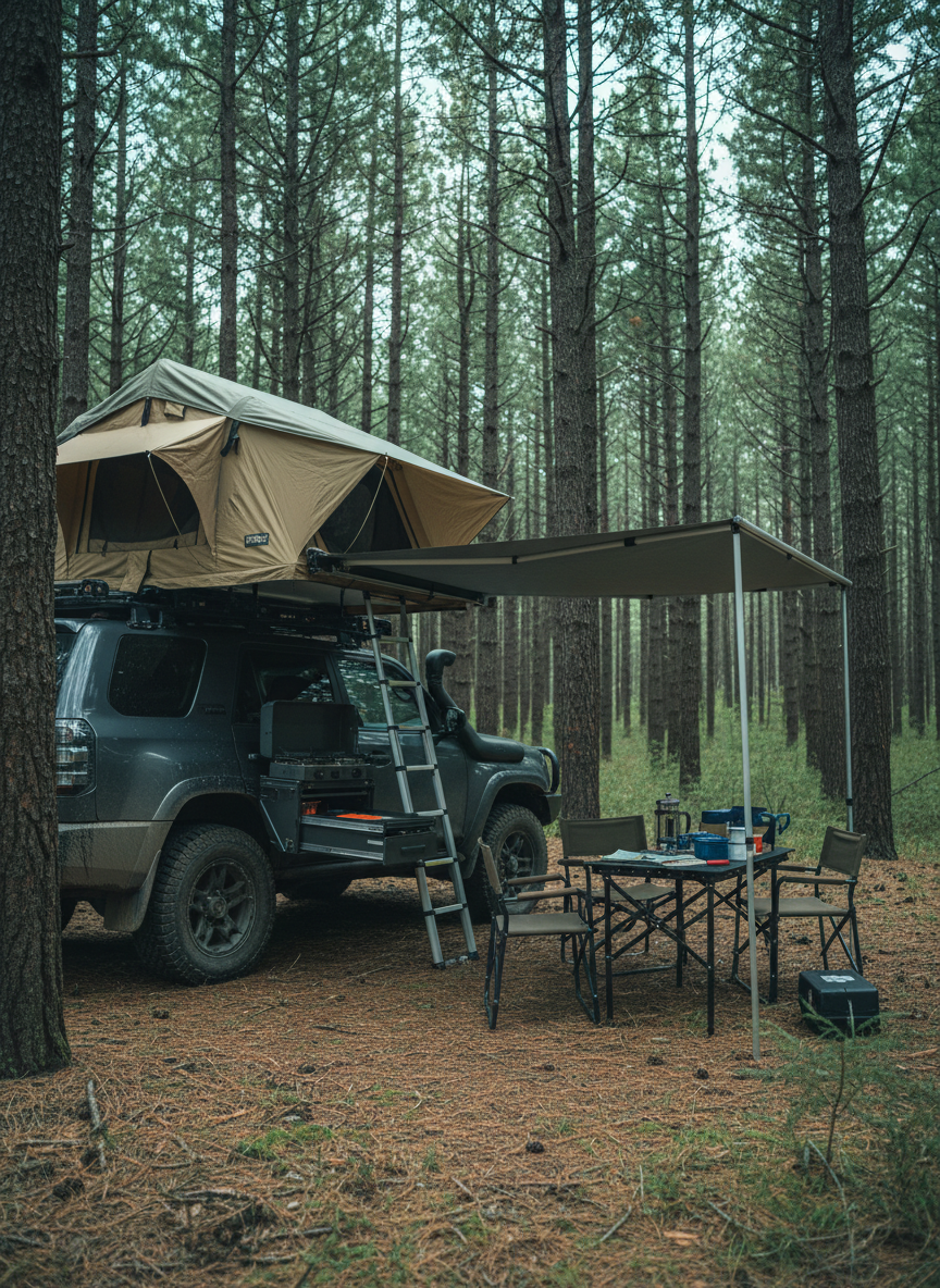 A meticulously organized overlanding campsite set in a dense pine forest clearing, featuring a dark gray off-road SUV with an open rooftop tent, rugged awning, and compact camp kitchen swinging out from the rear. A sturdy folding table supports a high-end camp stove, enamel cookware, and neatly arranged gear. Soft, diffused overcast light filters through tall trees, creating a cool green cast and gentle, ambient shadows. Captured at eye level with photographic realism and sharp focus throughout, the composition uses the rule of thirds, framing the vehicle to one side and the cozy camp setup to the other. The mood is calm yet purposeful, showcasing practical gear in real use rather than generic stock styling.