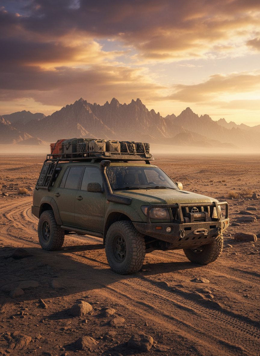 A rugged overlanding rig, a matte olive 4x4 with mud-splattered body panels, heavy-duty roof rack, and steel front bumper with recovery gear, parked at the edge of a sweeping desert plateau. The vehicle faces a distant range of jagged mountains under a dramatic golden hour sky. Warm, low sunlight rakes across the scene, sharpening textures in the sand, tire tracks, and rocky outcrops while casting long, bold shadows. Shot from a low, three-quarter front angle in photographic realism, with crisp detail in the vehicle and a slightly softened background. The mood is adventurous and unapologetically bold, emphasizing freedom, capability, and the vastness of the overlanding lifestyle.